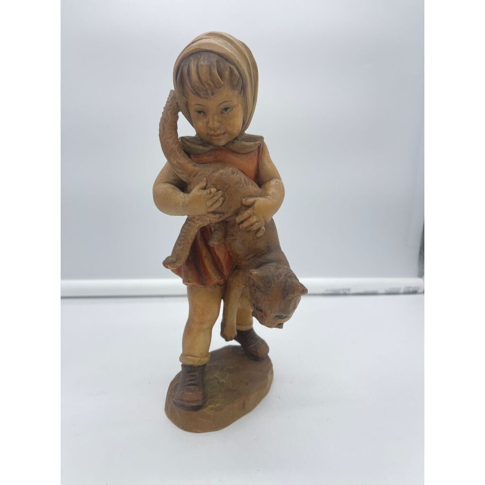 Vintage Anri Hand Carved Wood Figurine Girl Holding Cat Sculpture 9 Inch